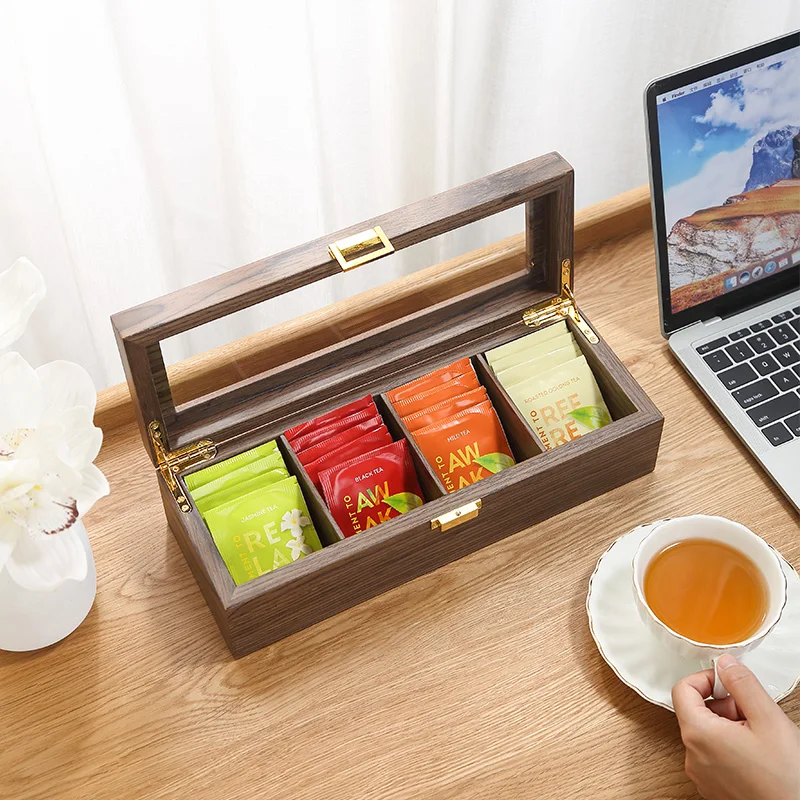 Casegrace Tea Bag Storage Box Desktop Wooden Organizer For Coffee Tea Candy Case 4 Adjustable Compartment Stand Organizer Boxes