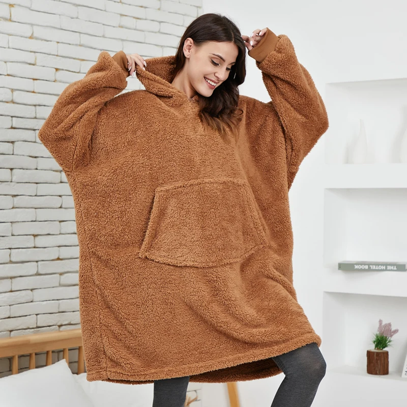 

Hooded Teddy Sweatshirt Fleece Women Hoodie Oversized Casual Pullover Plush Giant TV Blanket With Sleeves Half Zipper Sudaderas