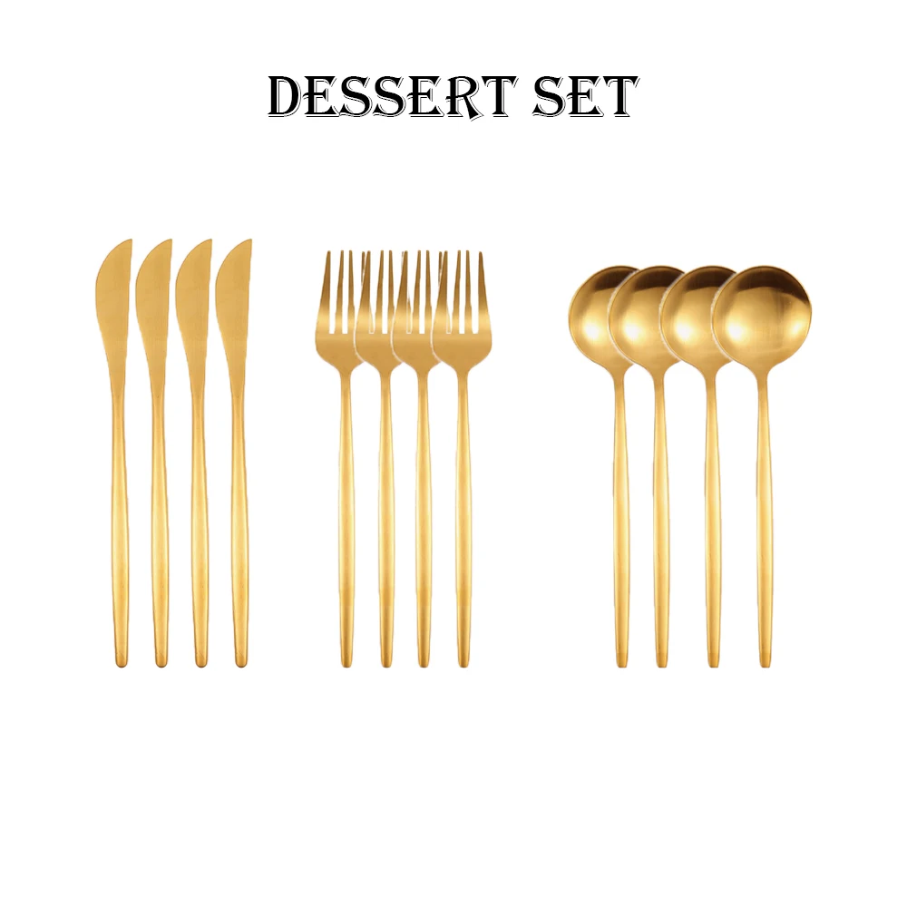 

12pcs Stainless Steel Cutlery Dessert Set Matte Rose Gold Knife Fork Stirring Drink Spoons Ice Cream Silverware Utensils Sets