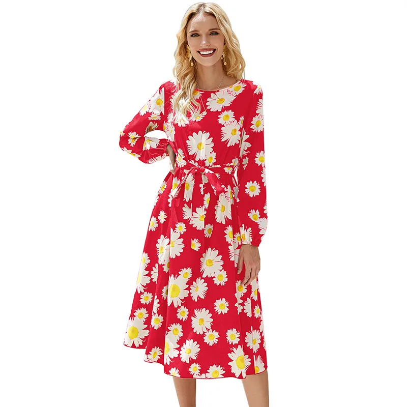 

Autumn New Dress Women's Elegant O-neck Long Sleeve High Waist Slim Up Dress Fashion Daisy Print Elegant Bohemia Women's Dress