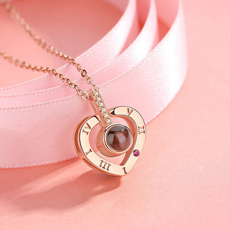 

Rose Gold 100 Languages I Love You Projection Pendant Necklace for women Jewelry Love Memory Wedding Necklace Valentine's Day