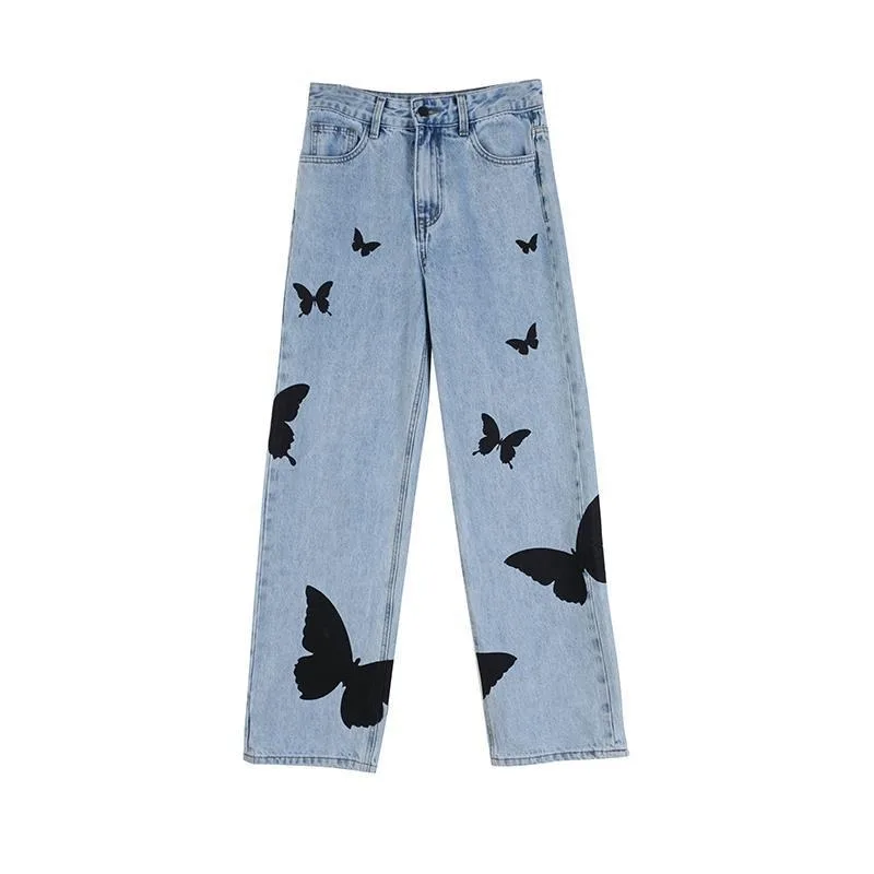 

Y2K Wide Leg Pants Harajuku Women High Waist Jeans Pants Streetwear Butterfly Print Blue Jeans Women Oversized Trousers