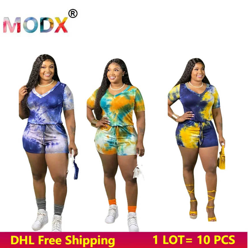 3XL 4XL 5XL Plus Size Women Jumpsuits Summer Tie Dye Shorts Rompers Short Sleeve Bodysuits Casual Loose Overalls DHL 4784