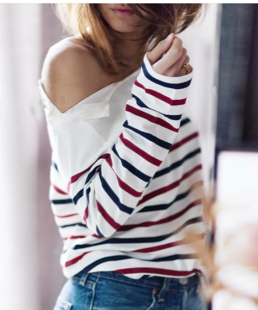 2020 Ранняя весна красный белый синий полосатый длинный рукав футболка Кнопка