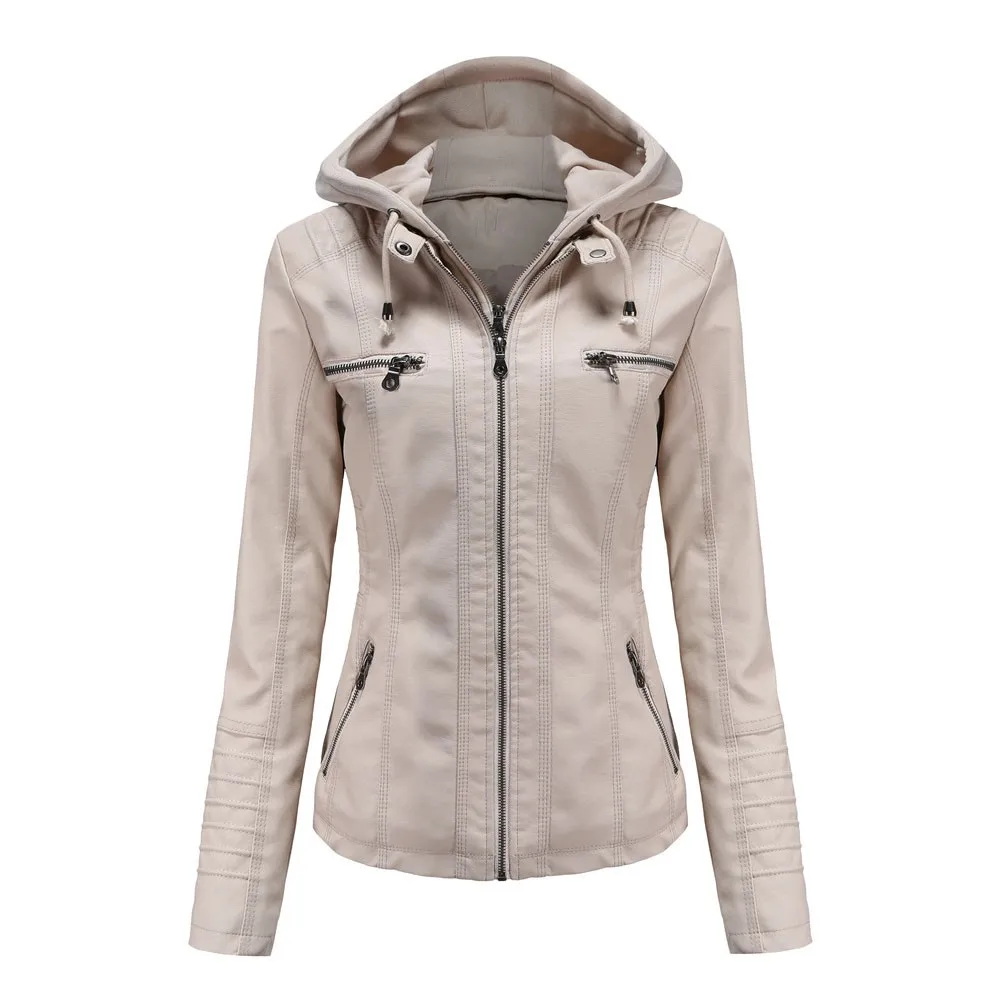 

Women Winter Warm Faux Lamb Leather Jacket Coat Faux Hoode Leather Lambs Wool Fur Collar Motorcycle Black Jacket Bomber Overcoat