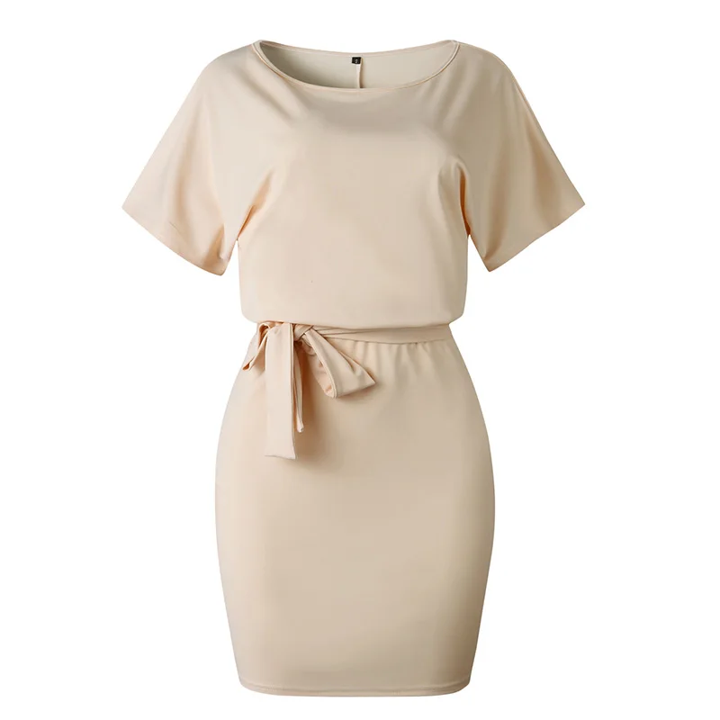 Однотонное модное летнее облегающее платье с поясом женское элегантное Короткое
