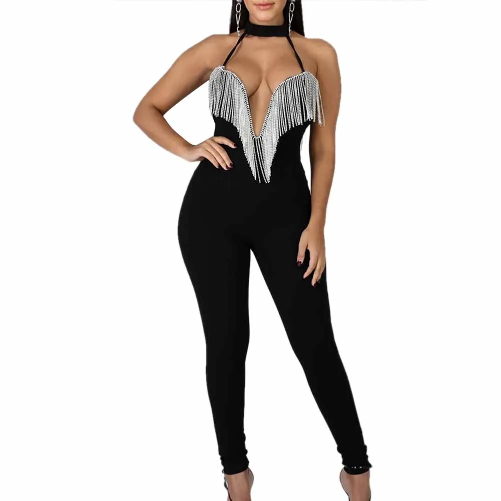 

Women's Sleeveless Tight Jumpsuit/Dress, Slim Fit Sexy V-Neck Patchwork Tassels Bodysuit/Dress Women's Clothing