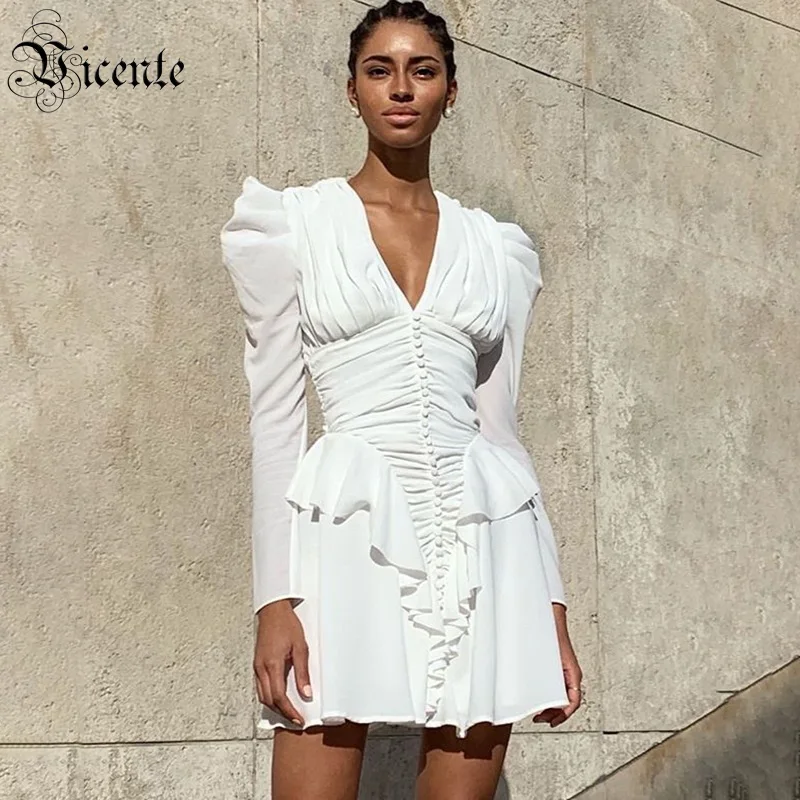 VC Бесплатная доставка для женщин белое платье элегантный оборками пуговицы Vestidos