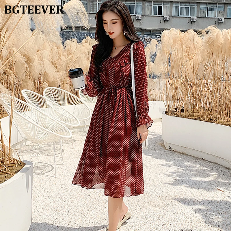 BGTEEVER элегантное женское платье с v образным вырезом и оборками в горошек со