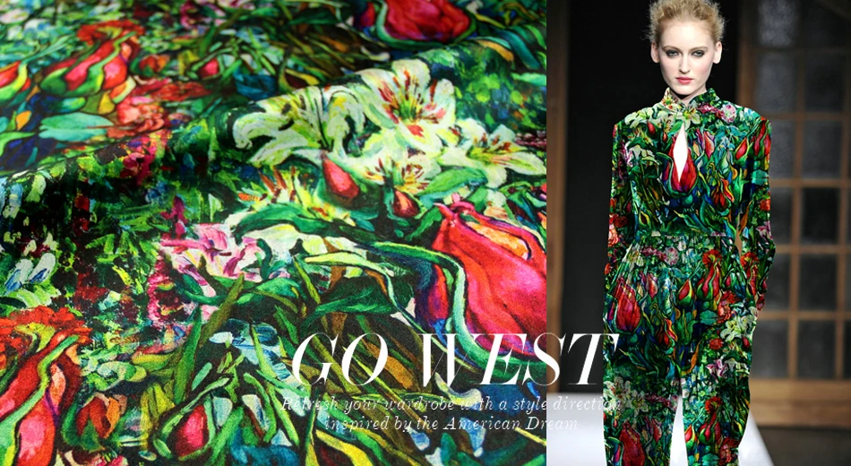 Шелковая ткань эластичная с зелеными цветами 97% для осени и зимы ткани шитья