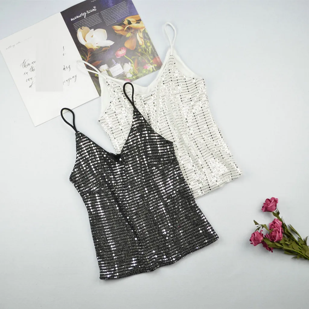 Женская Сексуальная Блузка без рукавов расшитая блестками с бретельками v