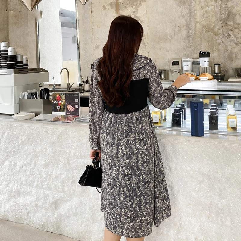 

Floral Print Dress for Women Gray Flowers Patchwork Ruffled Collar Long Sleeve Plus Size Pleated Clothing for Ladies XL-4XL