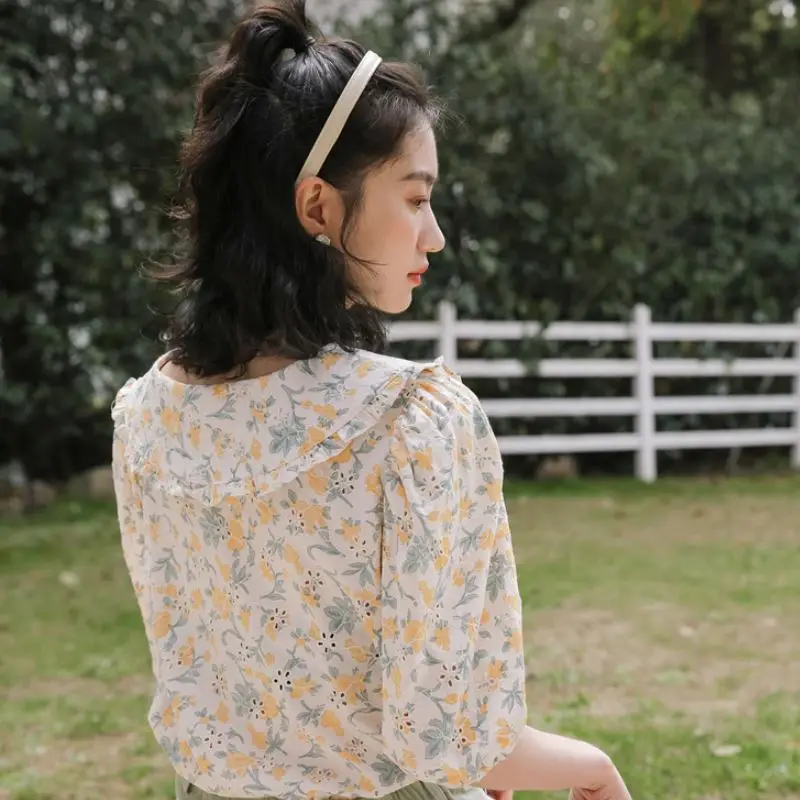 

EleeMee 2021 New Summer Short Shirt Puff Sleeve Doll Collar Floral Print Loose Stylish Tops Single Breasted Sweet Size S-L