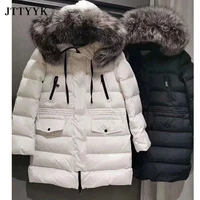 casual winter down jacket female 2021 luxury brand natural fox fur collar women hooded winter coat medium length warm parkas