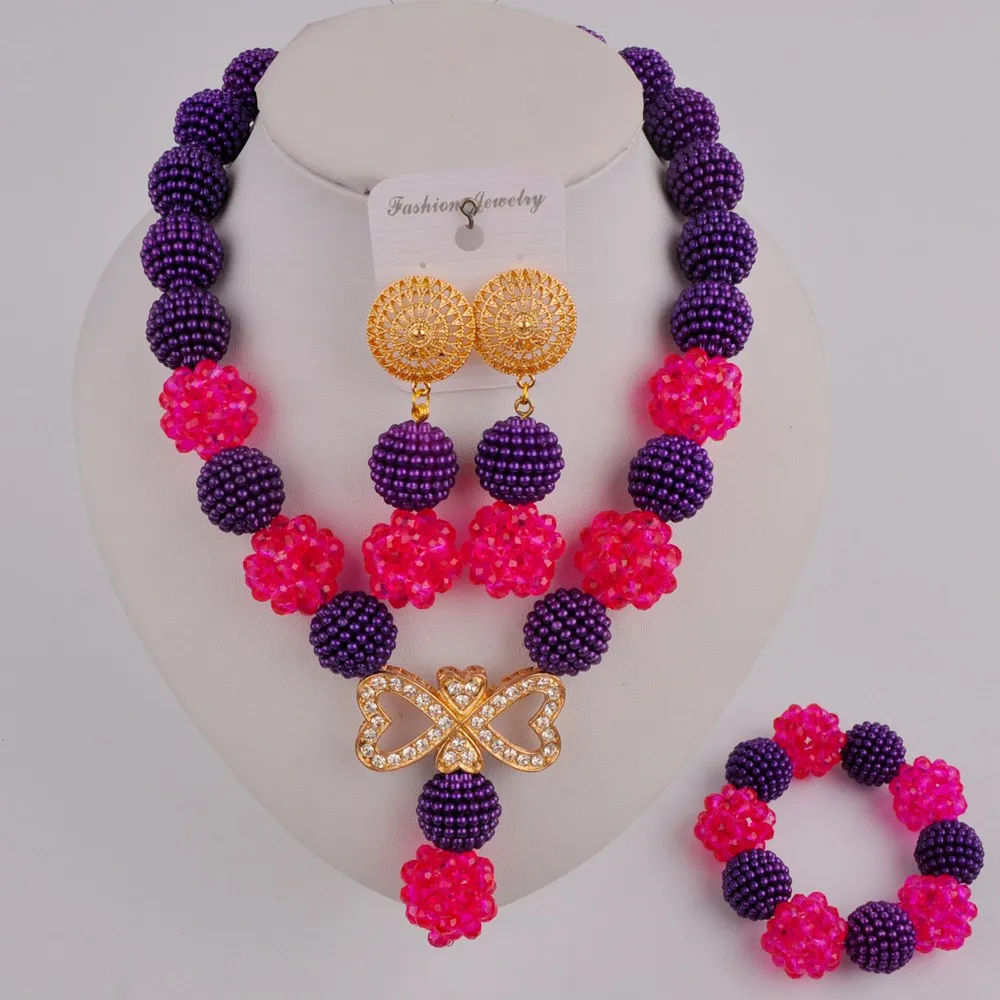 

Stylish Purple and Fuchsia Pink African Wedding Jewelry Set Women Nigerian Necklace Beads Sets SP1-10