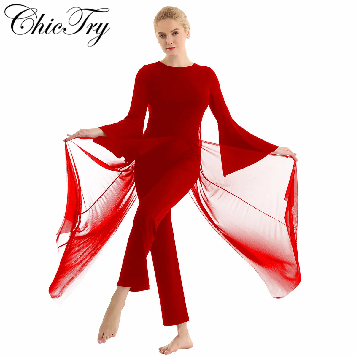 

Elegant Women Adults Ballet Dance Dresses Round Neck Long Flare Sleeves Mesh Overlay Culottes Leotard Lyrical Dance Jumpsuit