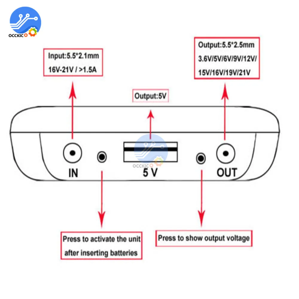 6x18650 Батарея батарея постоянного тока 12V/15V/16V/19V/21V 3.3A Выход 6*18650 Мощность банка в
