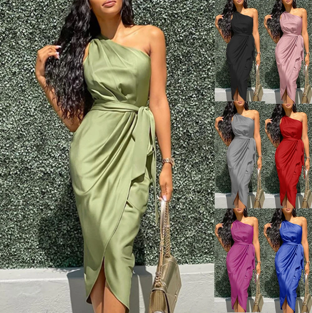 

Newest summer new High-end vision women irregular oblique shoulder belt slim satin dress lady fashion sexy party long dress