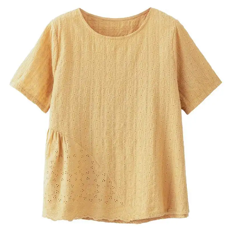 

2021 Summer Women Cotton Lace Hollow Out Embroidery Literature Art Short Sleeve T Shirt Femme Casual O-neck Loose Tops Shirts