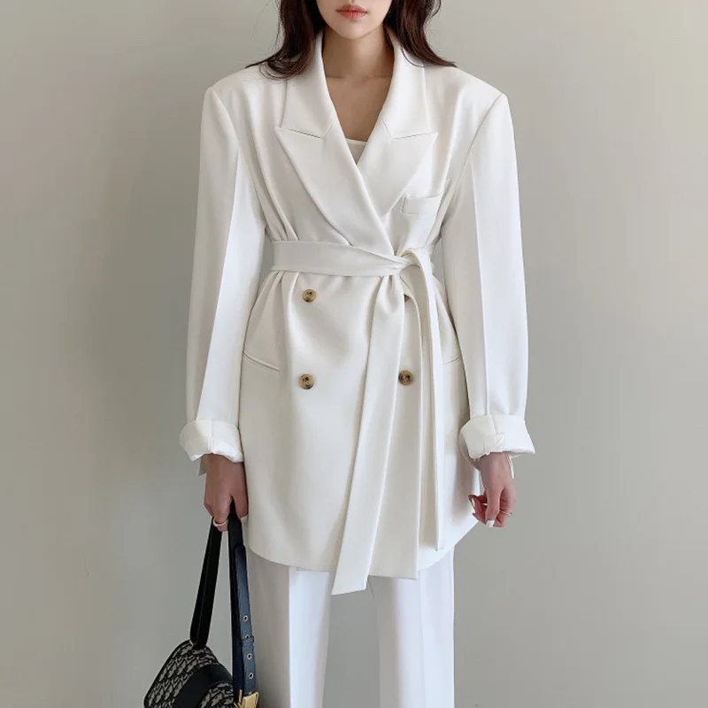 

Korean Chic Suit Coat Elegant Lapel Double Breasted Loose Long Sleeve Suit Coat High Waist Straight Leisure Trousers