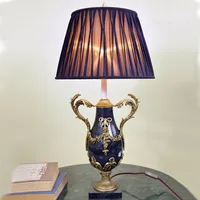 Marvelous BrassTable Lamp with Natural Marble and Fabric Lampshade Antique Reproduction Arts and Crafts for Hotel Villa Home