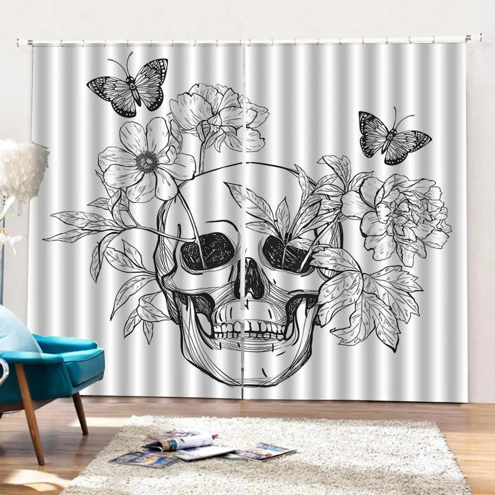 Простой рисунок скетчей череп голова серия лист цветок с бабочкой занавеска