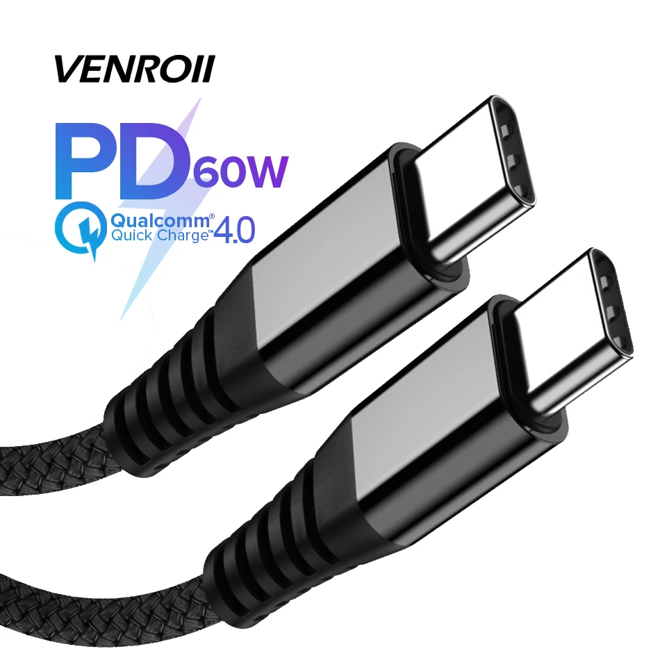 Кабель Venroii type-C-USB C для samsung S10 S9 S8 Note Xiaomi Mi 9 8 60 Вт PD Quick Charge 4,0 USBC huawei быстрое зарядное устройство