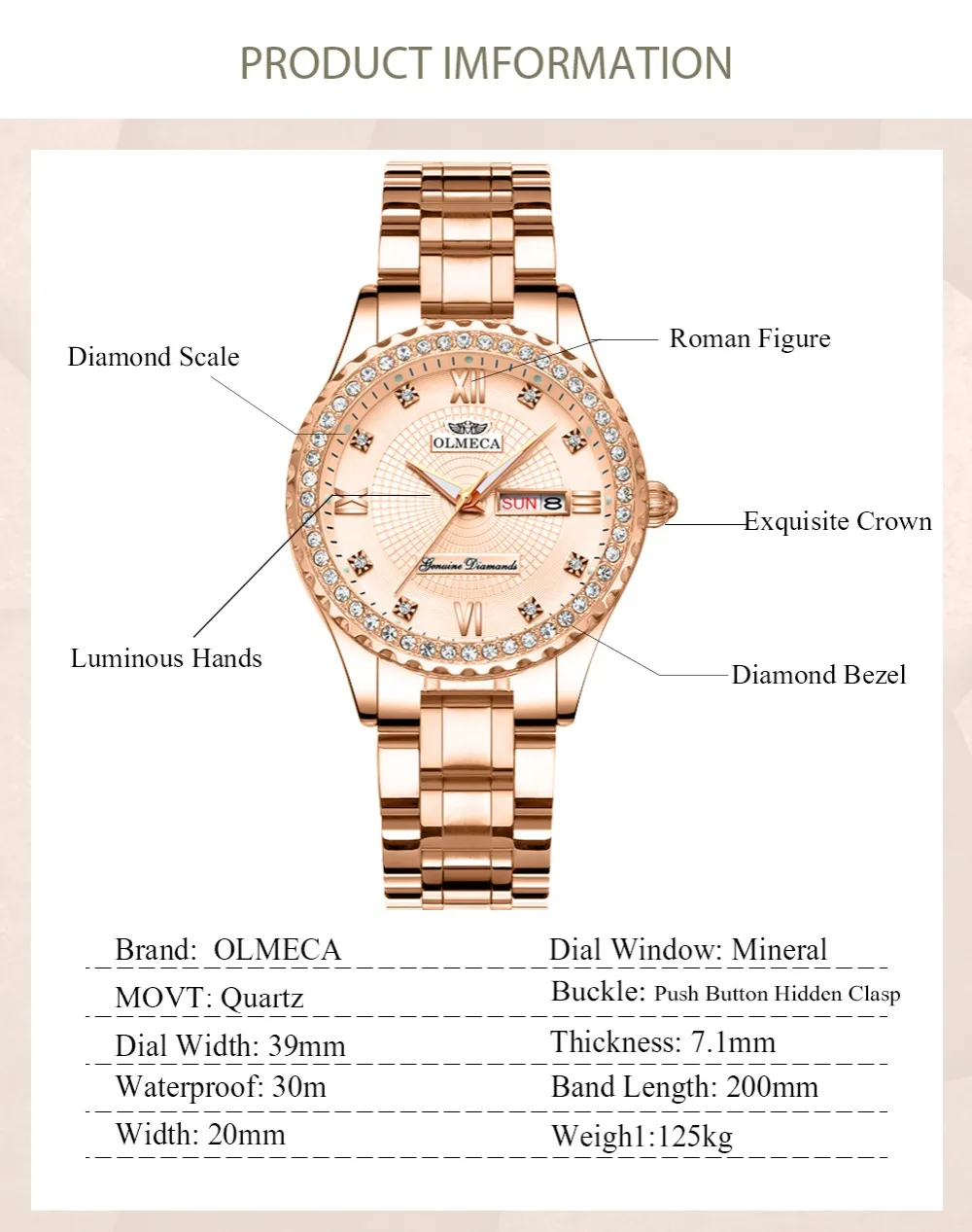 

OLMECA Women Wrist Watch Fashion Auto Date Luxury Quartz Watches Relogio Feminino Watches 30M Waterproof Clock Luminous Hands