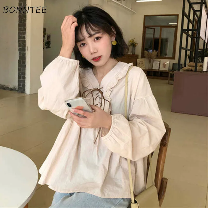 

Shirts Women V-Neck Lantern Sleeve Patchwork Korean Style Fashion Student Feminino Blouses College Simple Lace Up Autumn Loose