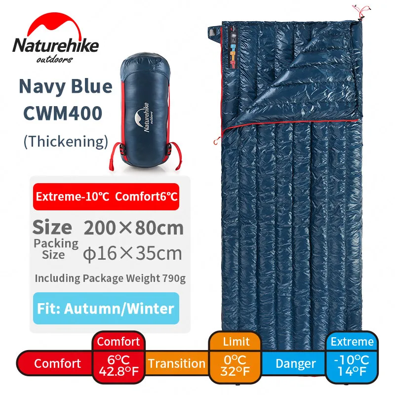 Спальник Naturehike из белого гусиного пуха конверт Тип Сверхлегкий 800FP теплые Водонепроницаемый спальные мешки NH17Y010-R - Цвет: Navy Blue-200cm