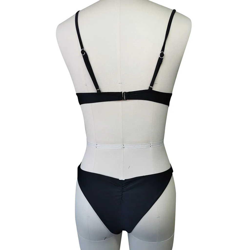 Купальник женский однотонный черный с пуш-ап пикантный комплект бикини-бандо