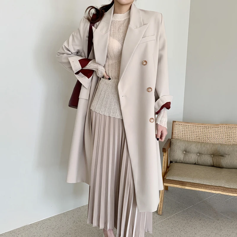 

Women Jacket 2021 Spring Autumn Korean Chic Elegant Temperament Suit Collar Single-Breasted Loose Rear Slit Trench Coat