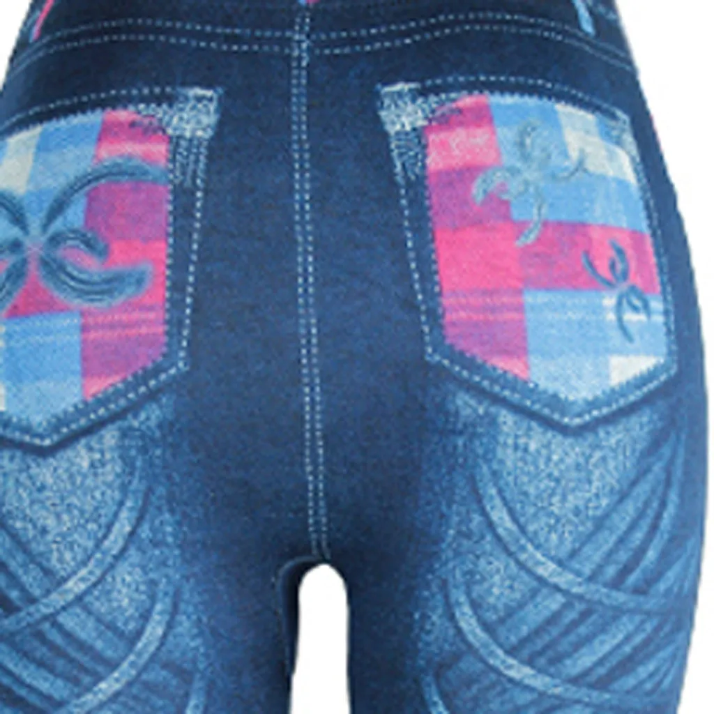 Женские леггинсы имитация джинсов с принтом высокой талией эластичные длиной до