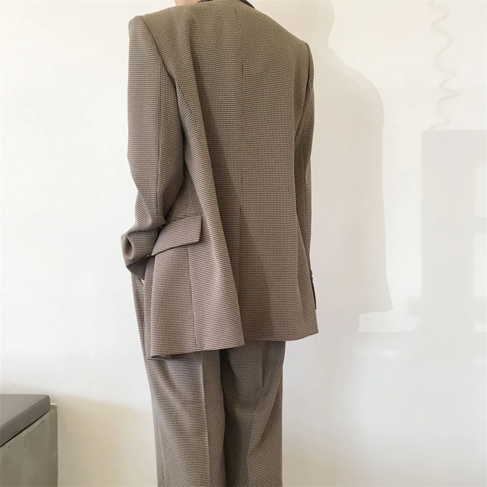 Yesexy/2019 осенне зимний двубортный пиджак в клетку для офисной леди свободный