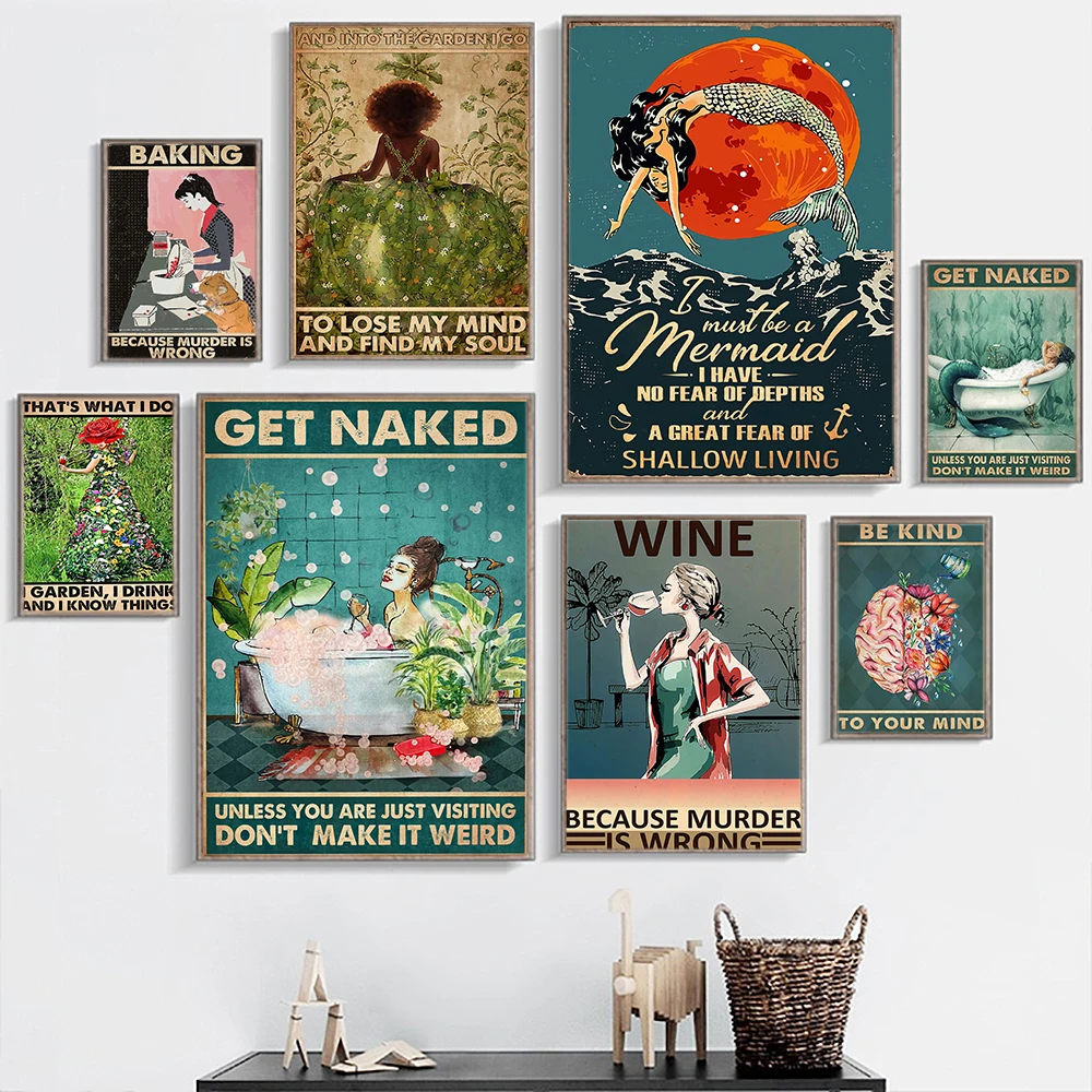 

Mental Woman Poster Baking Wine Canvas Painting Vintage Mermaid Art Print Naked Quote Wall Picture For Living Room Home Decor