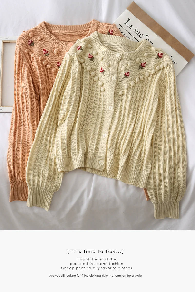 Ghost Horse Series Girl Stereo Embroidery Flower Soft Glutinous Stereo Ball Loose Lantern Sleeve Knitted Sweater Woman
