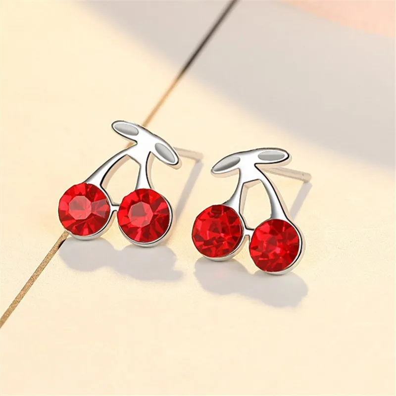 

925 Sterling Silver Cute Cherry Piercing Stud Earrings For Women Girls Kids Trendy Jewelry Pendientes eh483