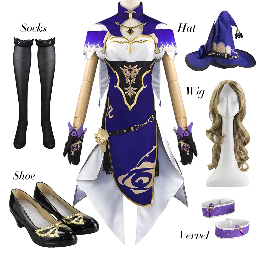 

Woman Cosplay Costume GameGenshin Impact Sexy Queen Lisa Clothing Accessories Set Anime Curly Wig Hat Project Girl Dress Shoes
