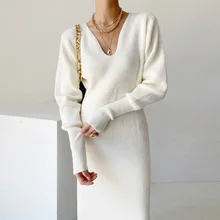 2021 Dresses For WomenElegant Winter Warm Thick Soft Knitted Sweater Dress Woman Long Sleeve U Neck (1)