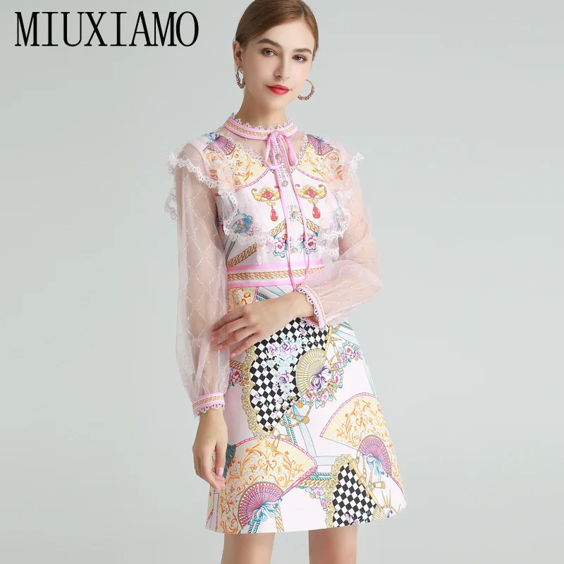 

MIUXIMAO 2021 Spring Summer Diamonds Fan Flower Print Lace Ruffles Full Sleeve Holiday Slim Elegant Midi Dress Women Vestidos