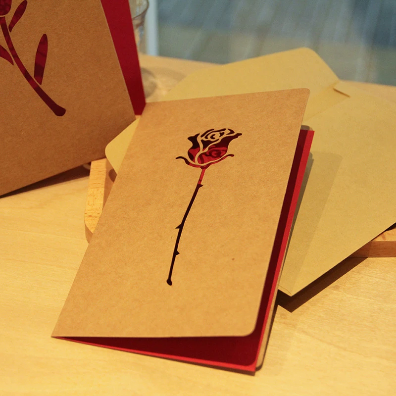 

Rose Greeting Card Retro Kraft Paper Laser Hollow Love Cards Thanksgiving Birthday Valentine's Day Thank You Card Postcards