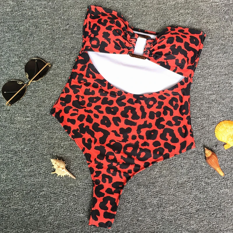 

2020 Leopard Print One Piece Swimwear Women Strapless Bikini Push Up Swimsuit Brazilian Female Hollow Out Swimming Bathing Suit