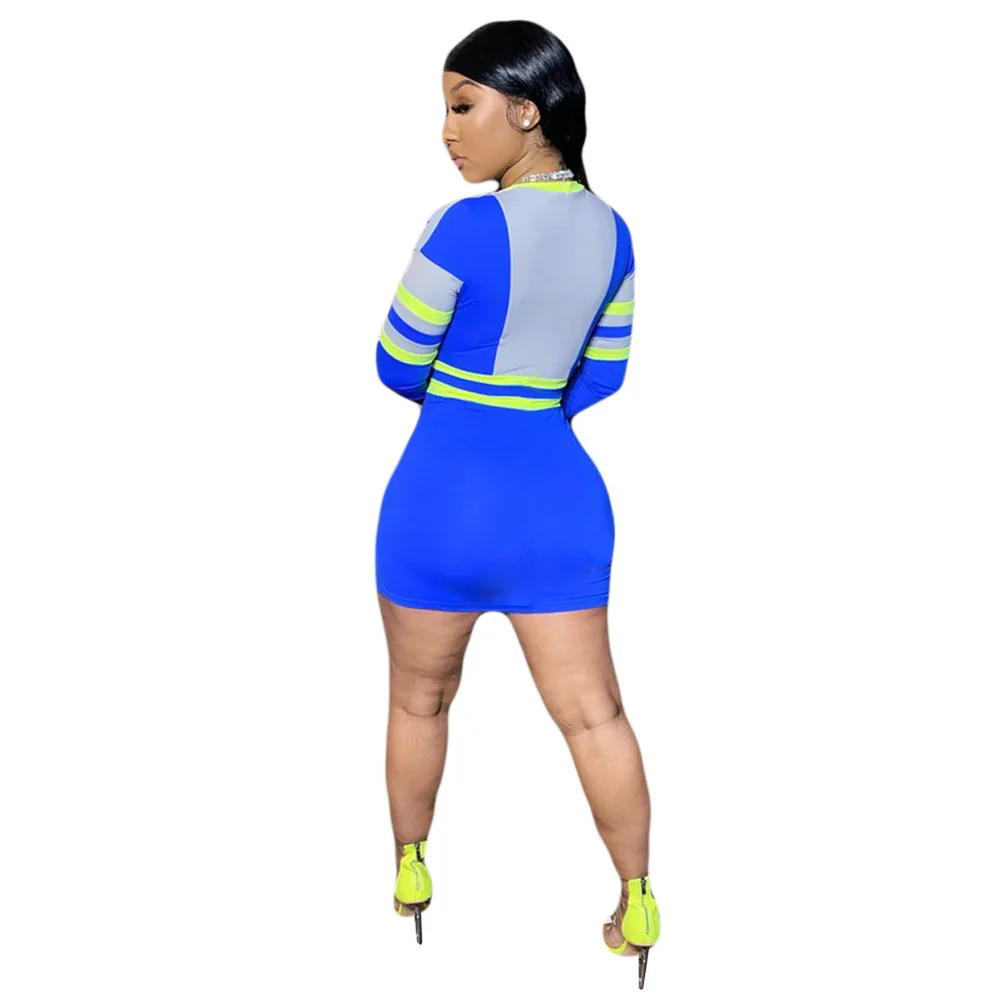 

Striped Letter Patchwork Bandage Mini Dress Women Sexy High Waist Long Sleeve Skinny Dresses Streetwear Girls Club Party Dress