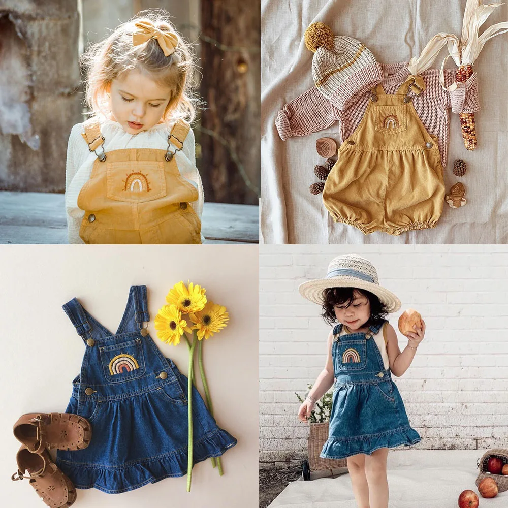 

Kids Wawa Denim Suspender Dress 2020 New Autumn Girs Cute Rainbow Print Strap Dress Baby Child Fashion Clothes Toddler