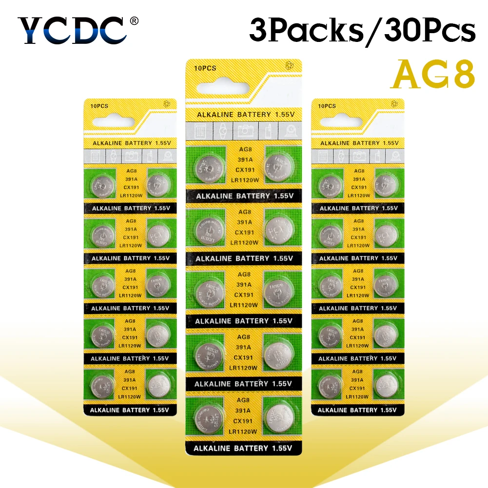 

Батарейки YCDC AG8 391 SR1120W SR55 TR1120 Щелочная монетная, 30 шт., одноразовые