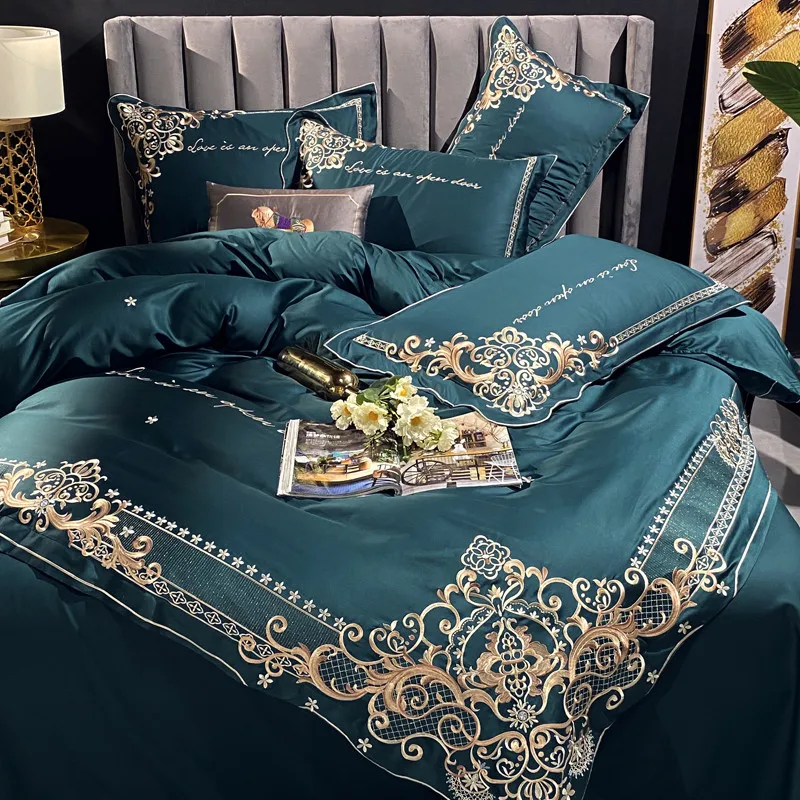 Элегантное постельное белье с вышивкой Синий Комплект постельного белья