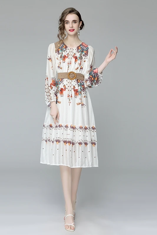 

COIGARSAM Print Women dress New Chiffon Dresses Milky White A8617