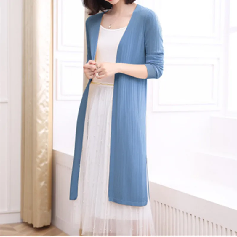 

Длинный вязаный кардиган свитер для женщин 2020 Новинка весна осень полый тонкий кардиган свитера Защита от солнца женское ветрозащитное пальто