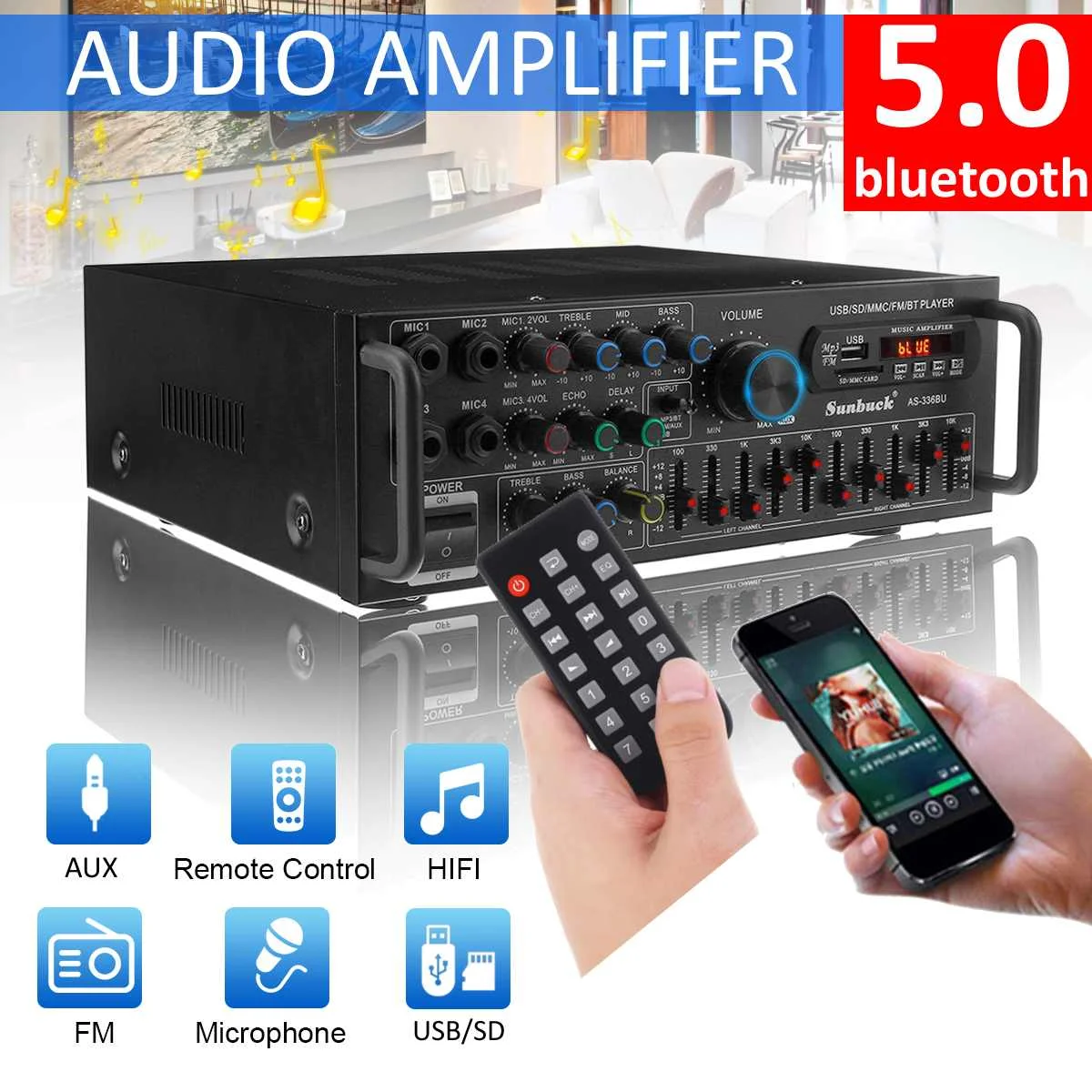 Стереоусилитель 2000 Вт bluetooth USB SD AMP FM DVD AUX ЖК дисплей дистанционное управление для