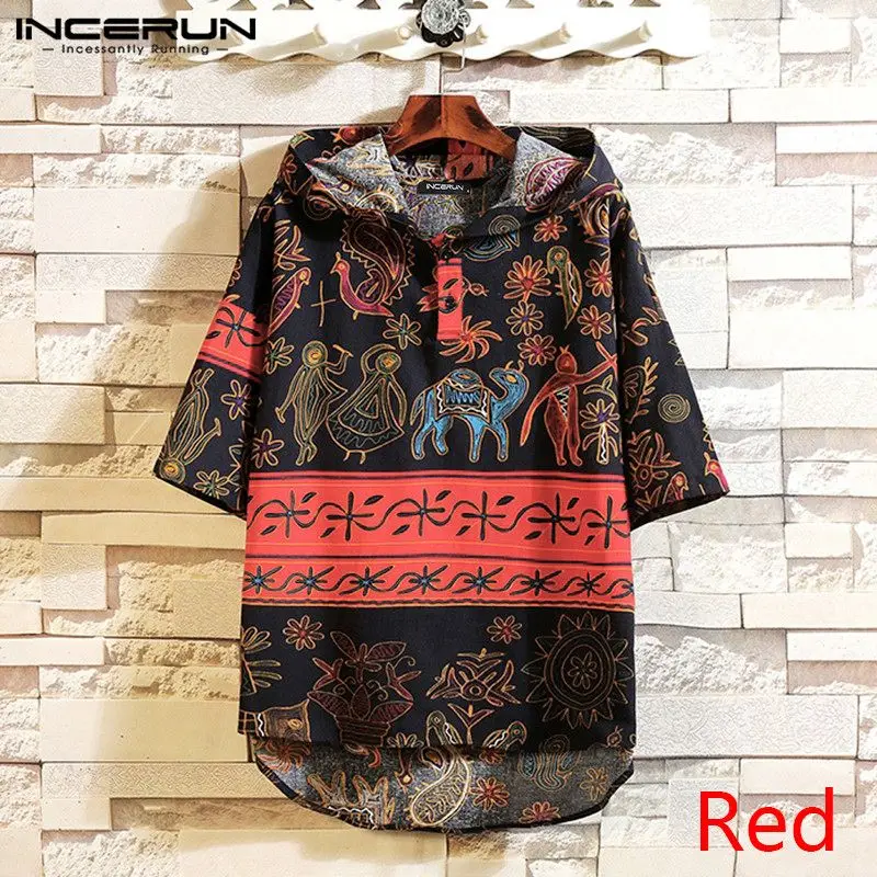 Men Hooded Half Sleeve Shirt Vintage Printed Shirts Casual Loose Buttons Pullovers Man Cotton Thin Sweatshirt Camisa Plus Size 7 | Мужская